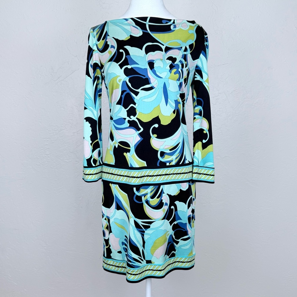Trina Turk Silk Jersey Boatneck Dress 3/4 Sleeves in Retro Pucci Style Pattern 4